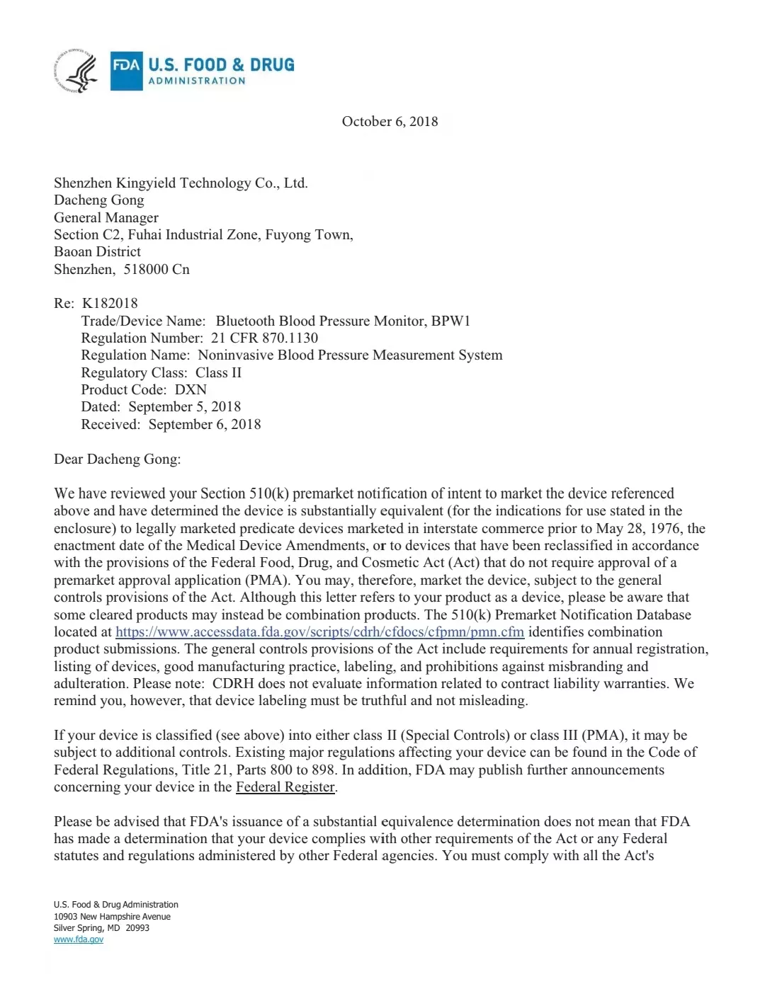FDA(510)k: K182018